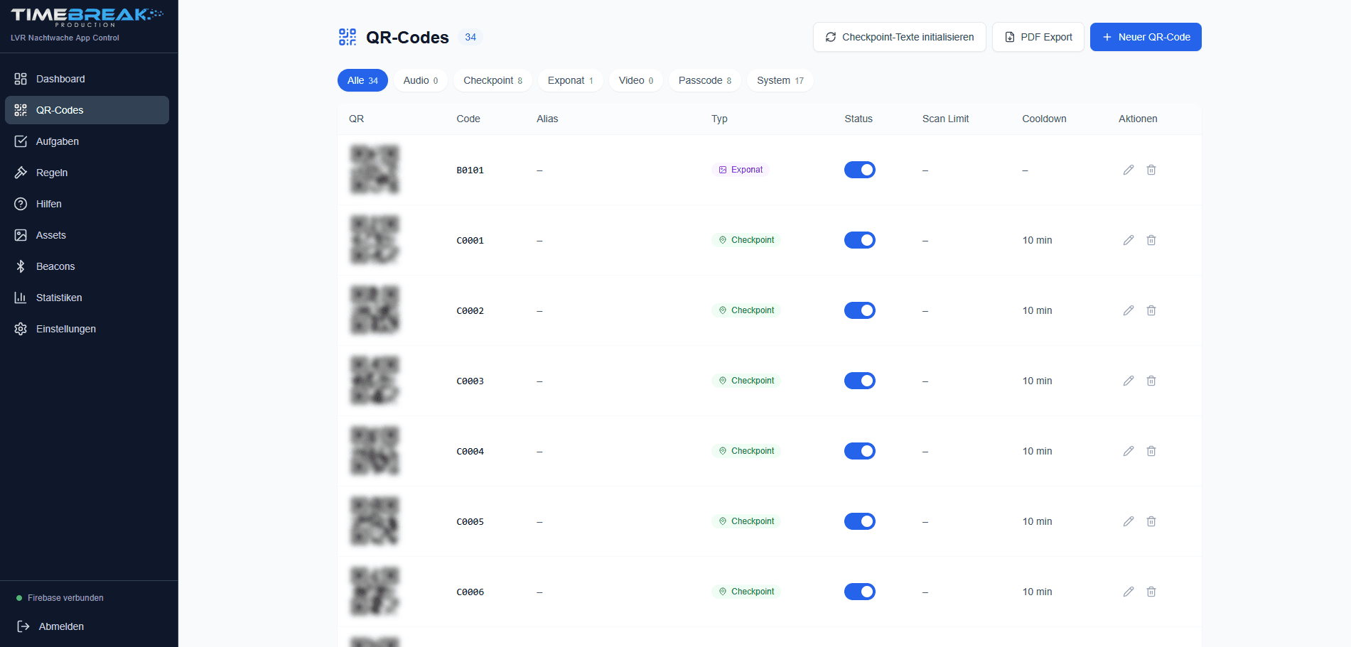 Captura del backend: gestión de códigos QR en LVR Nachtwache App Control